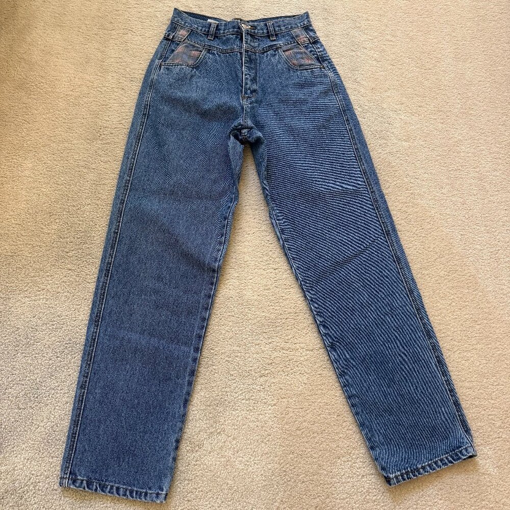 Vintage Rio High Rise Mom Jeans with Plaid Pocket Detail - Blue - Size 4